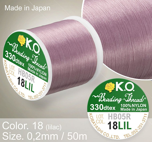 Nylonová nit značky K.O. Barva č. 18 lilac. Materiál 330DTEX (0,2mm). Balení 50m.