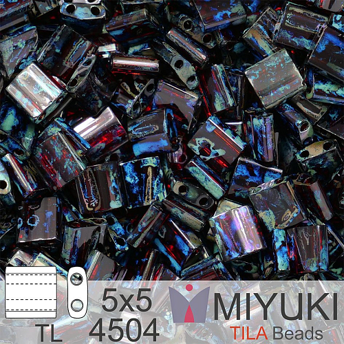 Korálky MIYUKI tvar TILA BEADS velikost 5x5mm. Barva TL-4504 Transparent Ruby Picasso. Balení 5g.