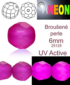 Korálky NEON (UV Active) BROUŠENÉ velikost pr.6mm barva 25125 FIALOVÁ mírně průhledná. Balení 21Ks. 