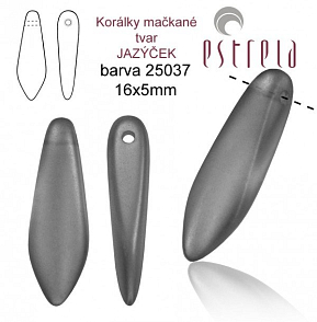 Korálky mačkané tvar JAZÝČEK. Velikost 16x5mm. Barva voskovaná ŠEDÁ tmavá 25037. Balení 20Ks.