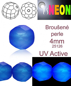 Korálky NEON (UV Active) BROUŠENÉ velikost pr.4mm barva 25126 MODRÁ TMAVÁ mírně průhledná. Balení 31Ks.