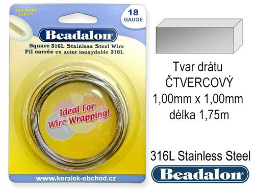 Drát 316L Stainless Steel. Tvar ČTVERCOVÝ. Velikost 1,00mm x 1,00mm (18 Gauge) délka 1,75m. BEADALON.