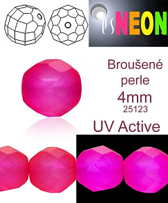 Korálky NEON (UV Active) BROUŠENÉ velikost pr.4mm barva 25123 RŮŽOVÁ mírně průhledná. Balení 31Ks