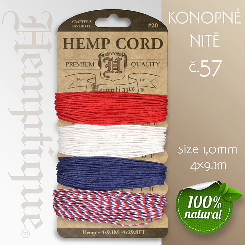 Konopná nit HEMP CORD síla nitě 1,0mm. Balení 4x9,1m. Barva č.57 Americana