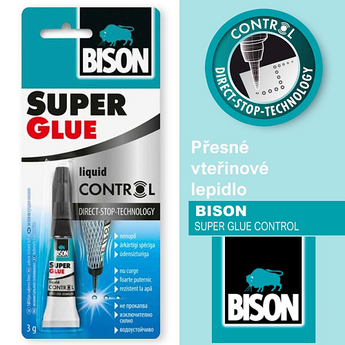 Vteřinové lepidlo BISON SUPER GLUE CONTROL. Nový systém umožňuje přesnou aplikaci a čisté použití. Balení 3g.