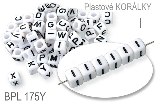 Korálky plastové KOSTIČKA. Písmeno I.  Velikost 6,0x6,0mm. Ozn. BPL 175Y. Balení 10Ks. 