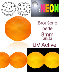 Korálky NEON (UV Active) BROUŠENÉ velikost pr.8mm barva 25122 ORANŽOVÁ mírně průhledná. Balení 15Ks. 