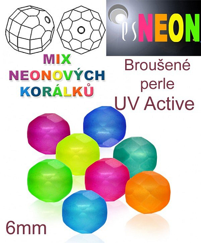 Korálky NEON (UV Active) BROUŠENÉ velikost pr.6mm barva MIX barev mírně průhledná. Balení 32Ks. 