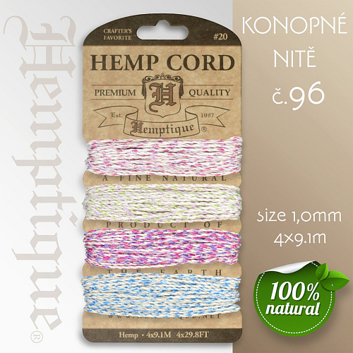 Konopná nit HEMP CORD síla nitě 1,0mm. Balení 4x9,1m. Barva č.96 Flower Power