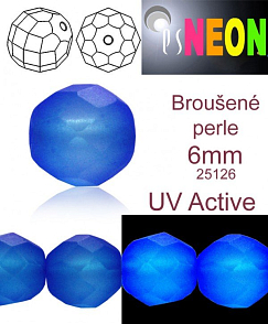 Korálky NEON (UV Active) BROUŠENÉ velikost pr.6mm barva 25126 MODRÁ TMAVÁ mírně průhledná. Balení 21Ks.