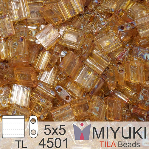 Korálky MIYUKI tvar TILA BEADS velikost 5x5mm. Barva TL 4501 Transparent Light Topaz Picasso. Balení 5g.