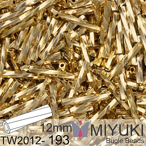 Korálky Miyuki Twisted Bugle 12mm. Barva TW2012-193 24kt Gold Light Plated.  Balení 3g.