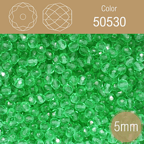 Korálky BROUŠENÉ 5mm. Barva 50530. Průhledná zelená. Balení 80Ks.