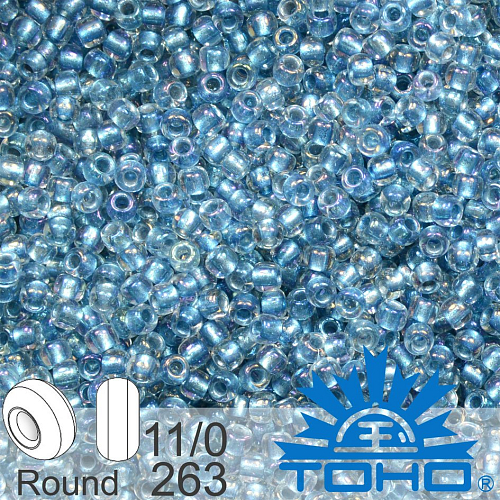 Korálky TOHO tvar ROUND (kulaté). Velikost 11/0. Barva č. 263 Inside-Color Rainbow Crystal/Lt Capri-Lined. Balení 8g.