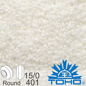 Korálky TOHO tvar ROUND (kulaté). Velikost 15/0. Barva č.401 Opaque-Rainbow White. Balení 5g.