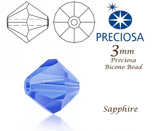 PRECIOSA Bicone (sluníčko) velikost 3mm. Barva SAPPHIRE. Balení 42ks 