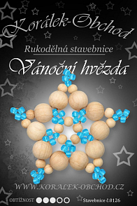 STAVEBNICE Vánoční HVĚZDY číslo 126. Stavebnice z dřevěných korálků v přírodní a tyrkysové barvě obsahuje materiál na 3Ks VÁNOČNÍCH HVĚZD.