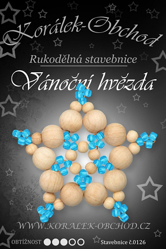 STAVEBNICE Vánoční HVĚZDY číslo 126. Stavebnice z dřevěných korálků v přírodní a tyrkysové barvě obsahuje materiál na 3Ks VÁNOČNÍCH HVĚZD.