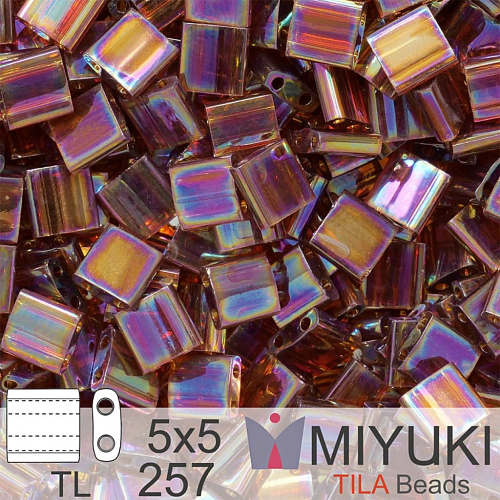 Korálky MIYUKI tvar TILA BEADS velikost 5x5mm. Barva TL 257 Transparent Topaz AB. Balení 5g.