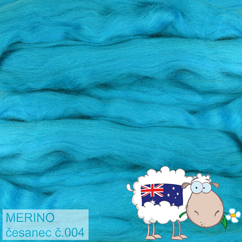 Česanec australské merino (20-21 - mikronů), vlna na plstění a předení. Barva 004 TYRKYS. Balení 20g