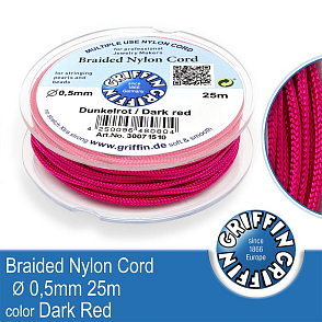 Braided NYLON (splétaná nit na náramky) GRIFFIN síla nitě 0,5mm cívka 25m. Barva Dark Red