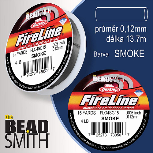 FIRELINE Berkley profesionální splétaná šnůra z polyethylenových vláken. Průměr 0,12mm, zátěž (4lb) 1,8Kg, balení (15yards) 13,7m, barva SMOKE.