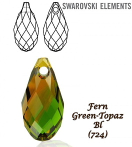 Swarovski  6010 Briolette Pendant 13x6,5mm. Barva FERN GREEN -TOPAZ BL.