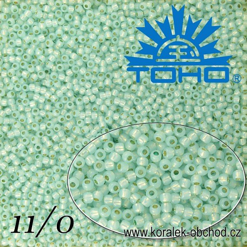 Korálky TOHO tvar ROUND (kulaté). Velikost 11/0. Barva č.PF2116-Permanent Finish - Silver-Lined Milky Lt. Aqua. Balení 8g