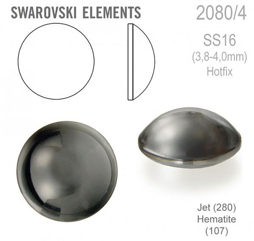 Swarovski 2080/4 Cabochon Round velikost SS16 barva Jet Hematite Hotfix 