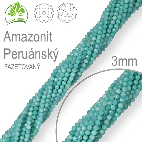 Korálky z minerálů Amazonit Peruánský Fazetovaný polodrahokam. Velikost pr.3mm. Balení 130Ks.