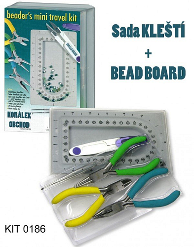 Sada kleští číslo KIT 0186. Sada 3 druhů kleští KETLOVACÍ, ŠTÍPACÍ, PŮLKULATÉ+BEAD BOARD+NŮŽKY.