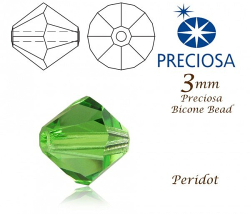 PRECIOSA Bicone (sluníčko) velikost 3mm. Barva PERIDOT. Balení 42ks 