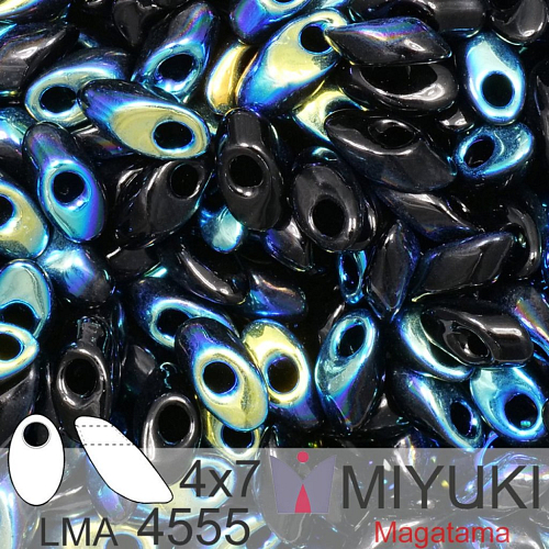 Korálky MIYUKI tvar Long MAGATAMA velikost 4x7mm. Barva LMA-4555 Jet Aurore Boreale. Balení 5g