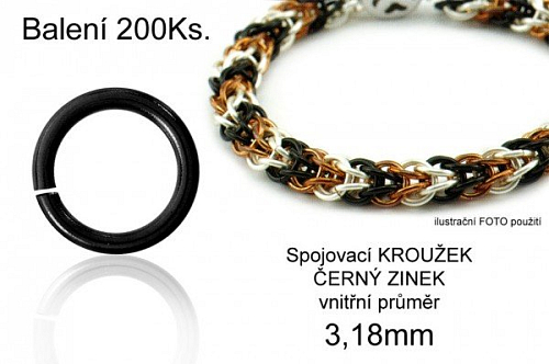 Spojovací KROUŽEK balení. Průměr vnitřní 3,18mm. Tl.0,8mm. Balení 200ks. Barva ČERNÝ ZINEK. 