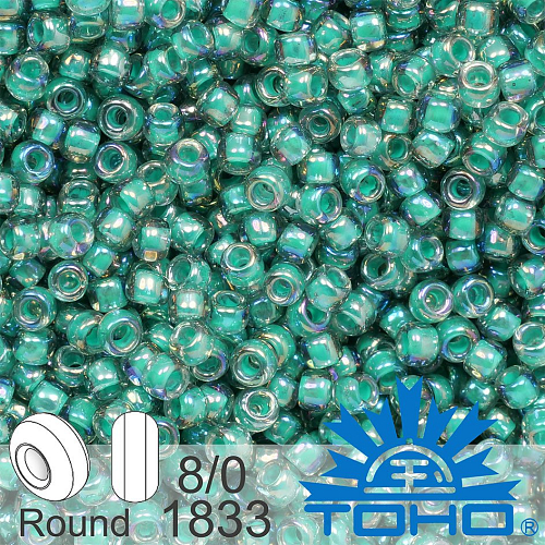 Korálky TOHO tvar ROUND (kulaté). Velikost 8/0. Barva č. 1833-Inside-Color Rainbow Lt Sapphire/Opaque Teal Lined . Balení 10g.