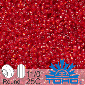 Korálky TOHO tvar ROUND (kulaté). Velikost 11/0. Barva č. 25C-Silver-Lined  Ruby. Balení 8g.