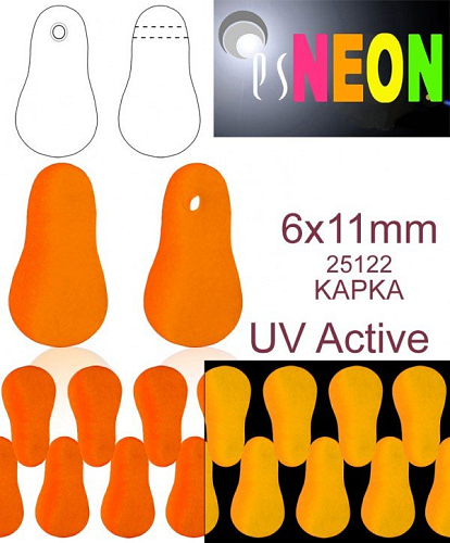 Korálky NEON (UV Active) KAPKA PODLOUHLÁ velikost 6x11mm barva 25122 ORANŽOVÁ. Balení 20Ks. 