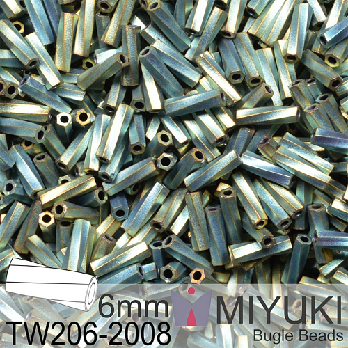 Korálky Miyuki Bugle Bead 6mm. Barva TW206-2008 Matte Met Patina Iris. Balení 5g.