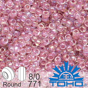 Korálky TOHO tvar ROUND (kulaté). Velikost 8/0. Barva č. 771-Inside-Color Rainbow Crystal/Strawberry Lined . Balení 10g.