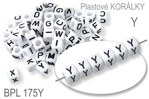 Korálky plastové KOSTIČKA. Písmeno Y.  Velikost 6,0x6,0mm. Ozn. BPL 175Y. Balení 10Ks. 