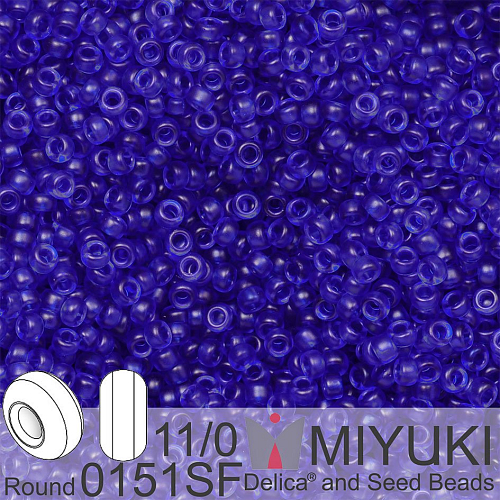 Korálky Miyuki Round 11/0. Barva 0151SF Semi-Frosted Transparent Cobalt. Balení 5g.