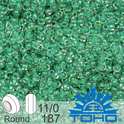 Korálky TOHO tvar ROUND (kulaté). Velikost 11/0. Barva č. 187-Inside-Color Crystal/Shamrock Lined. Balení 8g.