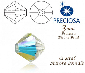 PRECIOSA Bicone (sluníčko) velikost 3mm. Barva CRYSTAL Aurore Boreale. Balení 42ks 