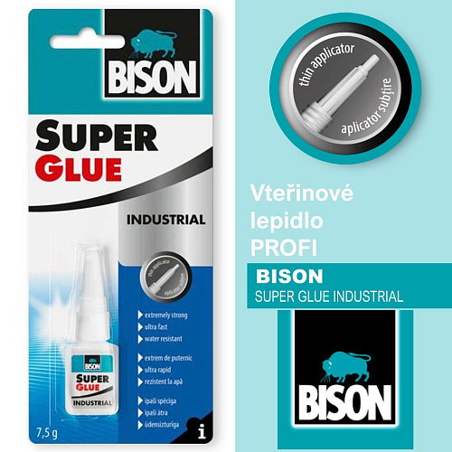 Vteřinové lepidlo BISON SUPER GLUE INDUSTRIAL. Profesionální vteřinové lepidlo. Výhodné balení 7,5g.