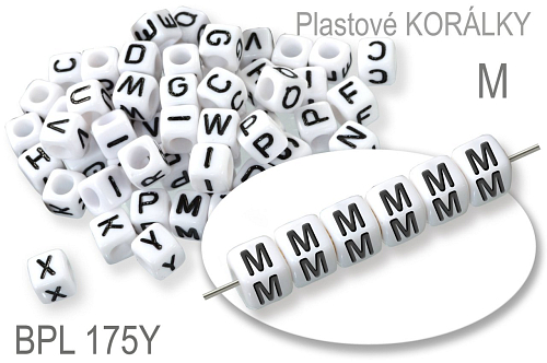 Korálky plastové KOSTIČKA. Písmeno M.  Velikost 6,0x6,0mm. Ozn. BPL 175Y. Balení 10Ks. 