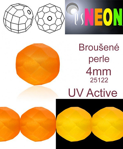 Korálky NEON (UV Active) BROUŠENÉ velikost pr.4mm barva 25122 ORANŽOVÁ mírně průhledná. Balení 31Ks. 