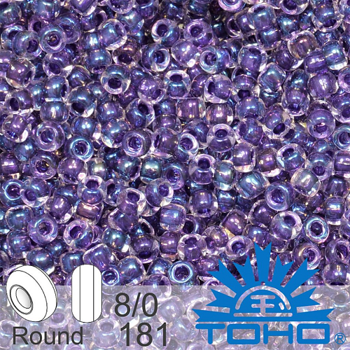 Korálky TOHO tvar ROUND (kulaté). Velikost 8/0. Barva č. 181-Inside-Color Rainbow Crystal/Tanzanite Lined  . Balení 10g.