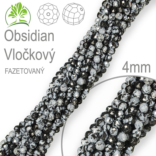 Korálky z minerálů Obsidian Vločkový  Fazetovaný přírodní polodrahokam. Velikost pr.4mm. Balení 95Ks.