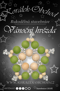 STAVEBNICE Vánoční HVĚZDY číslo 105. Stavebnice z dřevěných korálků v kombinaci zelené a přírodní barvy obsahuje materiál na 3Ks VÁNOČNÍCH HVĚZD.