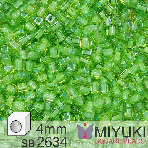 Korálky Miyuki SQUARE Beads 4mm. Barva Mint Lined Chartreuse SB2634. Balení 5g.